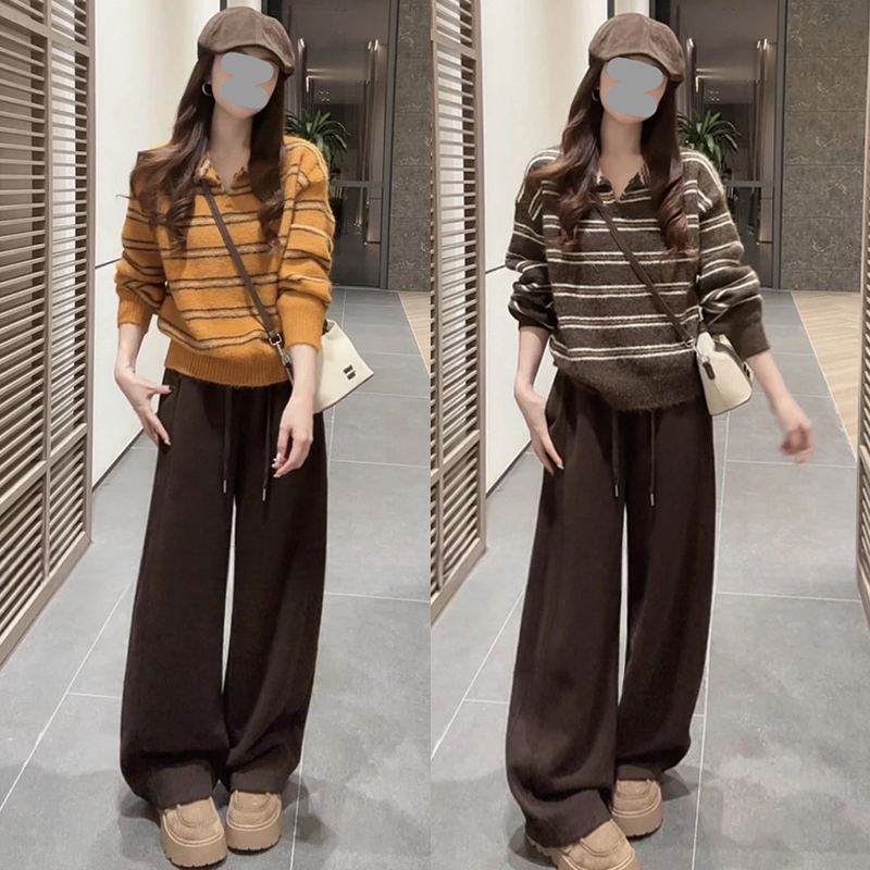 秋冬慵懒风氛围感宽松针织衫软糯条纹毛衣松紧腰卫裤休闲裤两件套