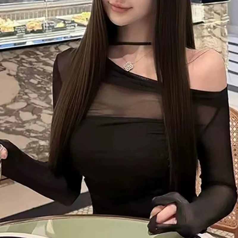 名缓春夏新款气质性感一字带拼接露肩网纱t恤抹胸背心两件套女潮