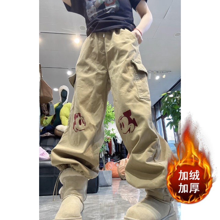 秋冬新款加绒时髦束脚工装长裤微胖高腰宽松显瘦减龄百搭牛仔裤女