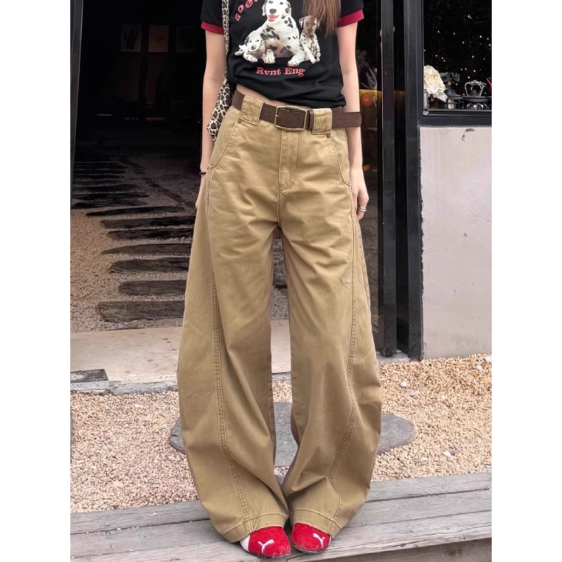 卡其色弯刀阔腿牛仔裤女夏季新款高腰宽松显瘦百搭直筒工装长裤子