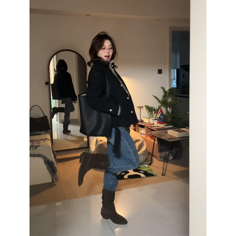 parkyeon韩版时髦洋气撞色毛毛拼接外套女复古蓝色窄版牛仔裤套装