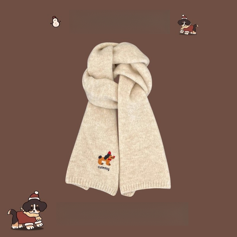 日系可爱小狗刺绣针织围巾秋冬保暖防寒时尚百搭高级感围脖学生cy