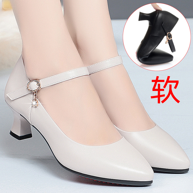 空姐软底舒适一字扣带小跟白色跳舞妈妈鞋高跟工作鞋皮鞋单鞋女鞋