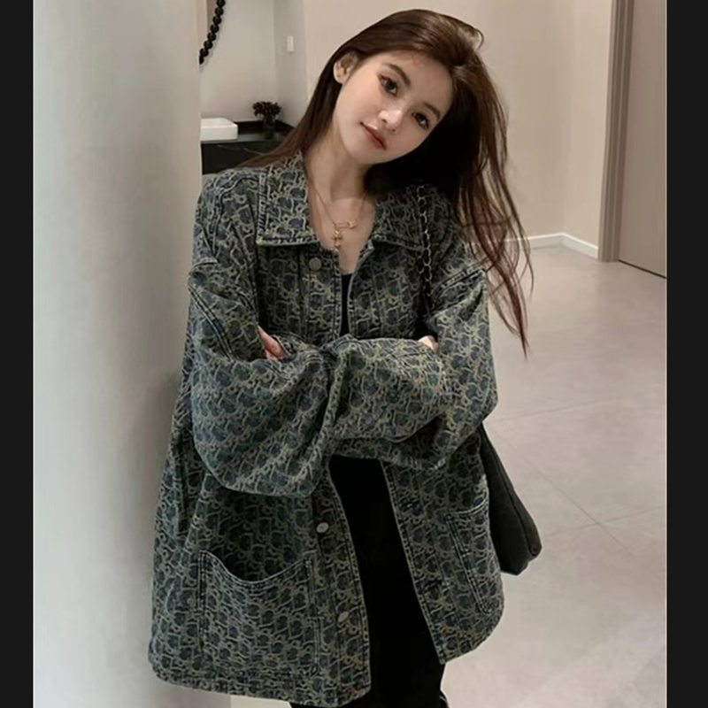 美式高街复古牛仔外套女2025新款设计感小众春秋百搭印花夹克上衣