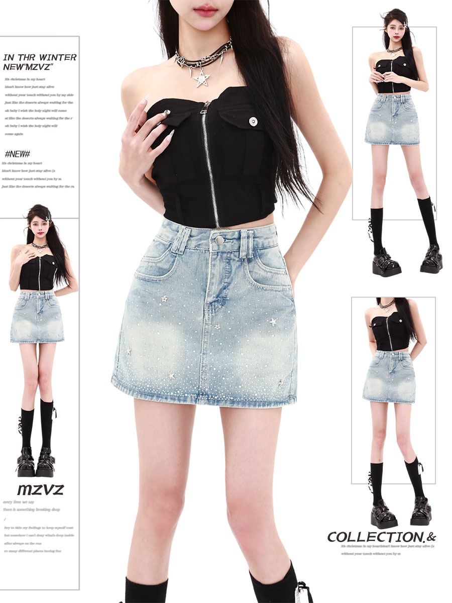 美式复古星星烫钻牛仔半身短裙女夏季短款高腰a字包臀闪钻裙子潮