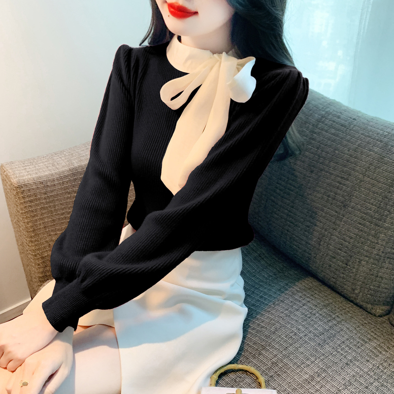 春秋新款洋气上衣女设计感小众气质修身蝴蝶结套头长袖针织衫上衣