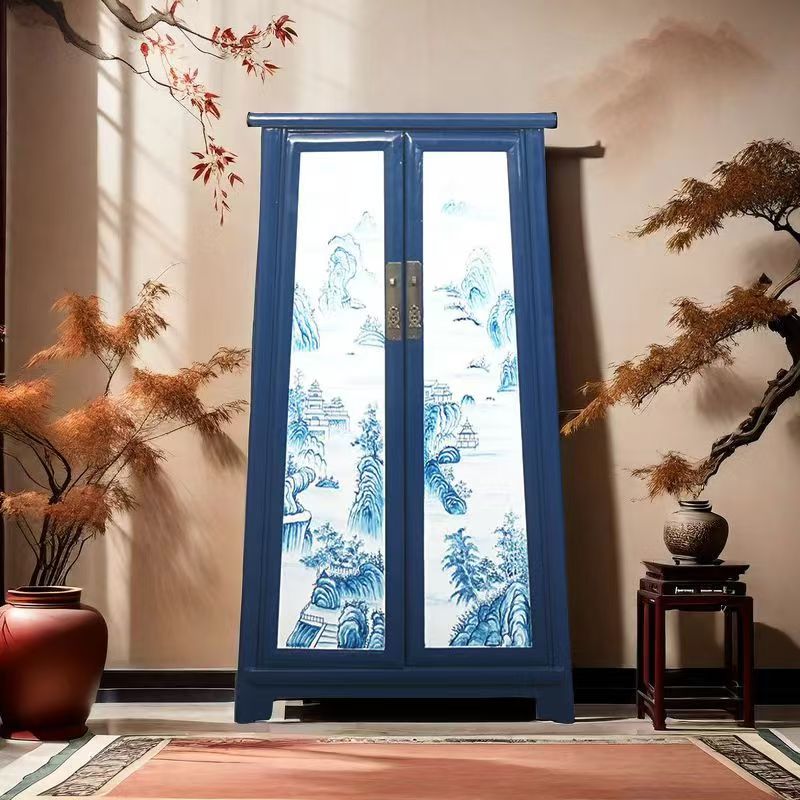 新中式实木彩绘古典装饰书柜古柜手绘青花瓷卧室储物柜衣柜定制