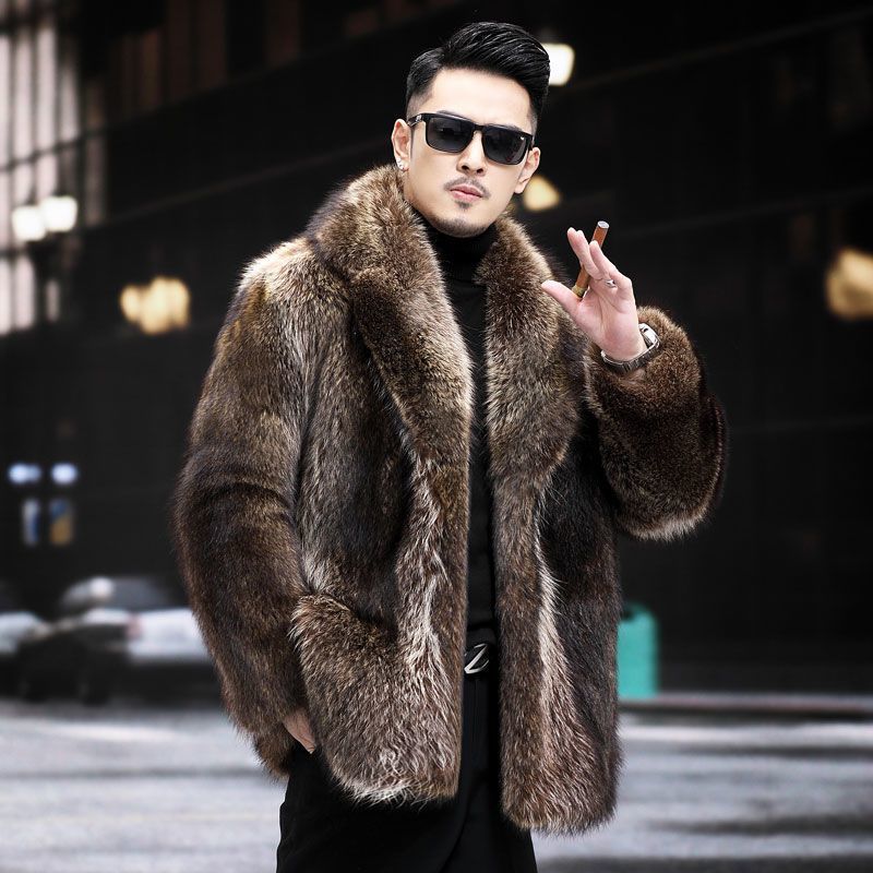 海宁2024冬新款皮毛一体渔貂大衣男中长款西装领加厚保暖外套大码