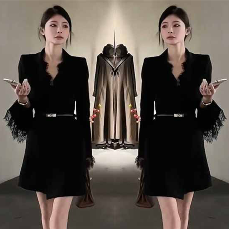 【送腰带】TW西装2025秋季款V领拼接职业收腰显瘦小黑裙1842