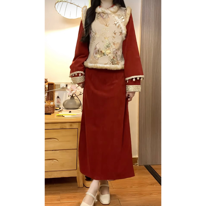 大码秋冬复古文艺民国风加绒灯芯绒旗袍马甲新中式少女改良连衣裙