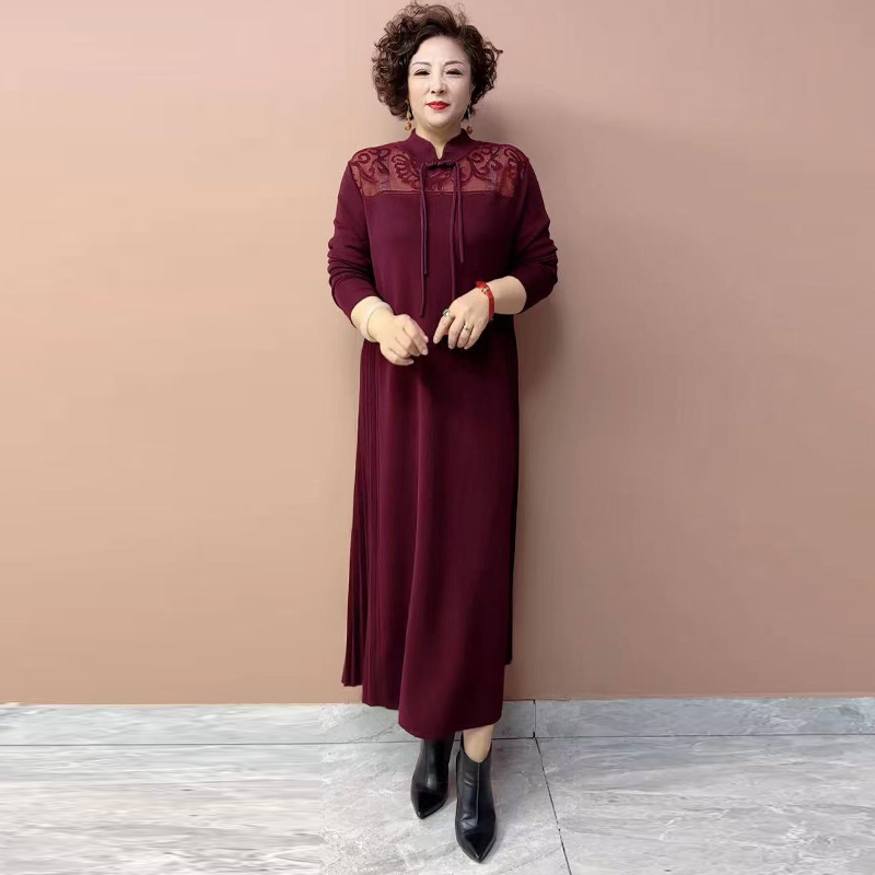 春秋立领改良旗袍妈妈秋冬连衣裙长袖针织复古提花打底女款145