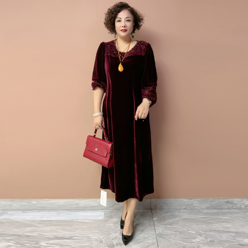 春秋冬新款中年妈妈装气质高端过膝长款黑色丝绒钩花大码连衣裙