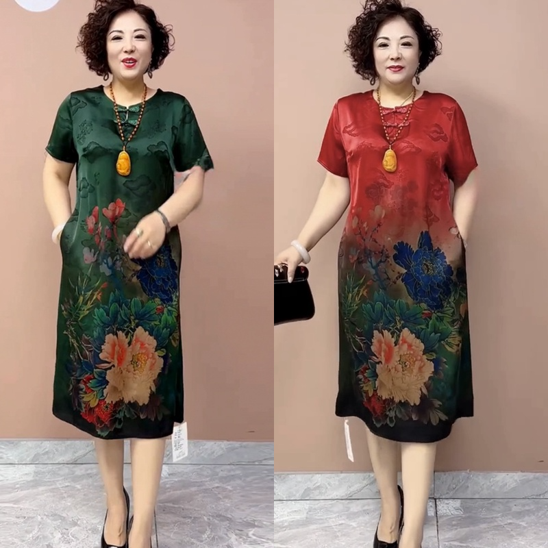 复古提花中年妈妈装夏季短袖大码连衣裙女宽松显瘦遮肚子印花裙子
