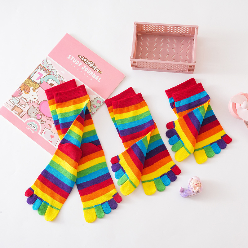 彩虹条纹五趾袜五指袜分趾袜女袜春秋棉袜中筒吸汗彩趾有后跟
