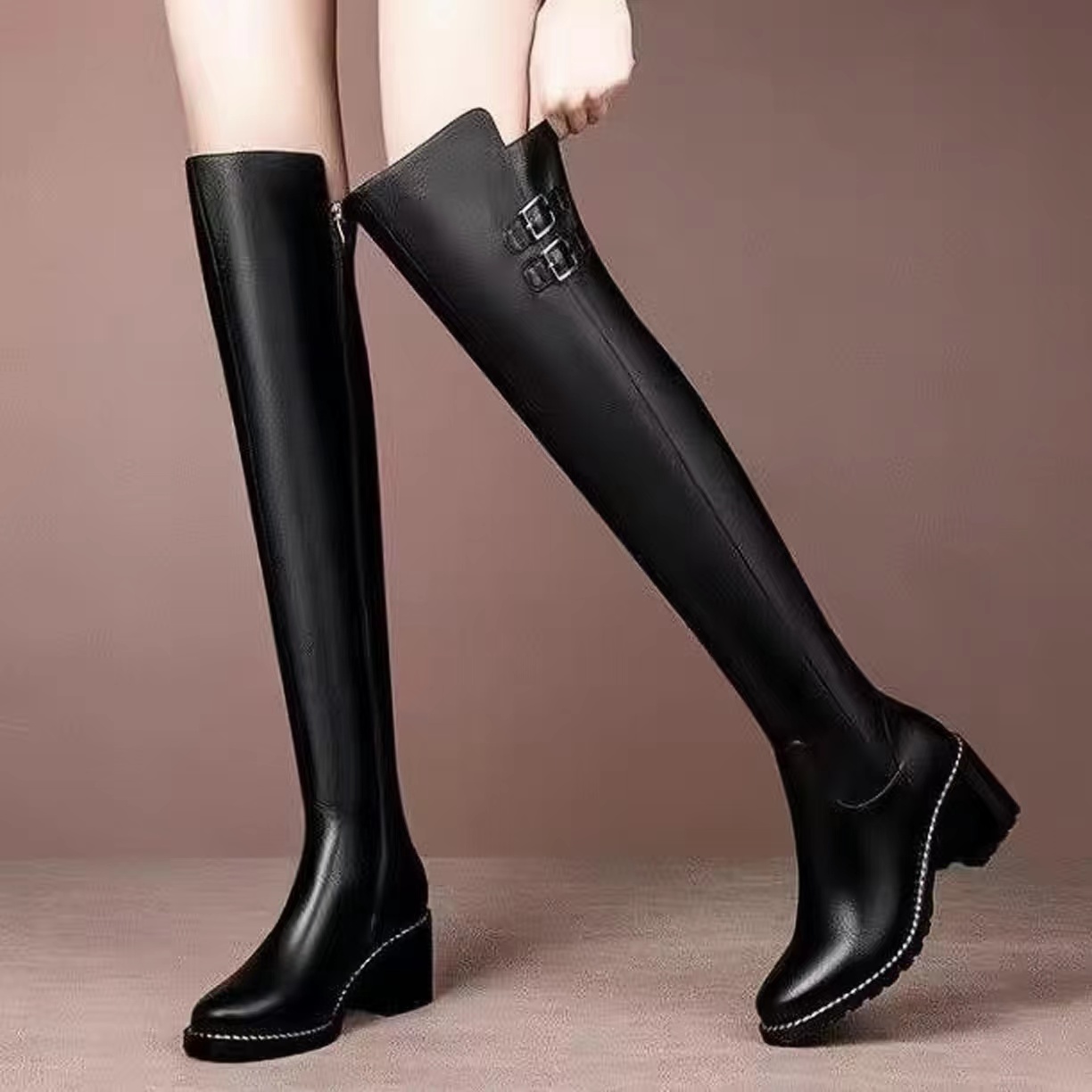 靴子女2025秋冬百搭长筒靴女软皮长靴女过膝皮面靴子女冬季加绒