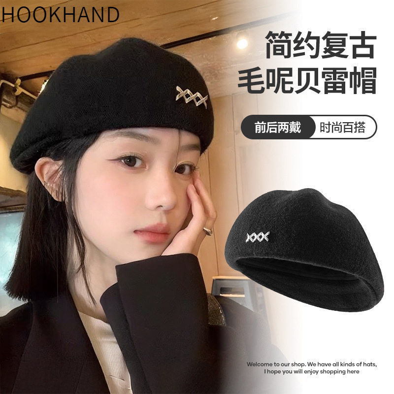 秋冬新款金属标贝雷帽子女大头围显脸小反戴毛呢前进帽日系画家帽
