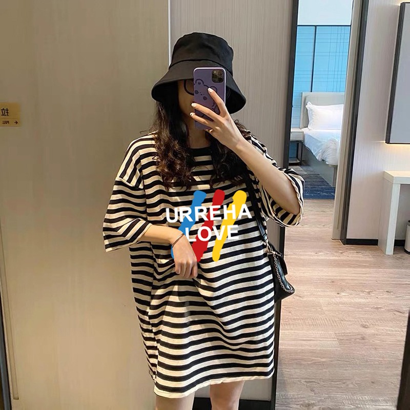 黑白条纹圆领T恤女短袖2025夏装大码网红ins潮韩版宽松上衣中长款