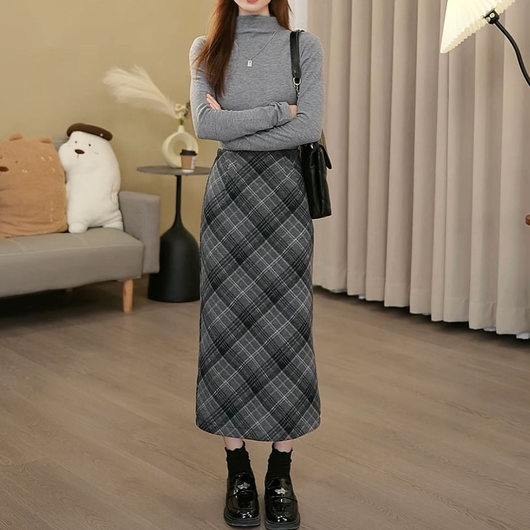 秋冬季加厚小个子中长款半身裙女显瘦气质时尚格子裙