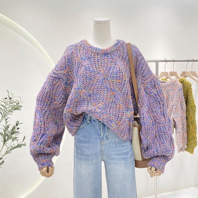 时尚秋冬慵懒韩系粗棒针彩色毛衣洋气宽松灯笼袖短款打底套头毛衣