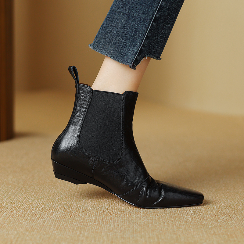 头层羊皮方头通勤短靴女3公分时尚百搭真皮复古秋冬时装瘦瘦女靴