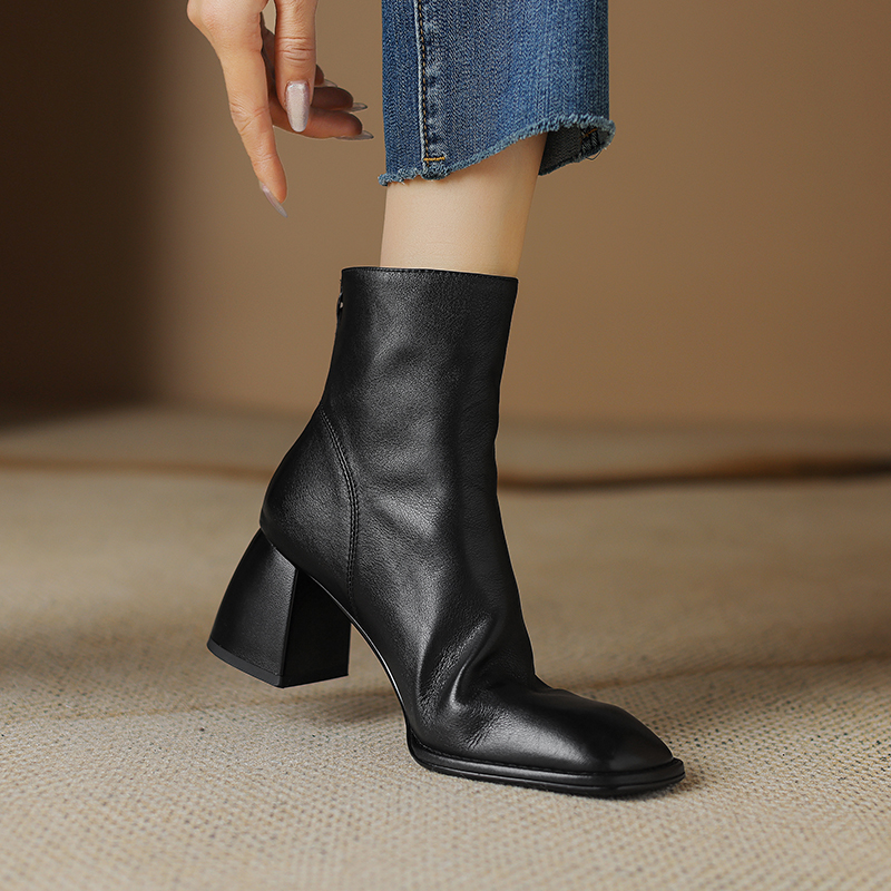 头层小牛皮/6cm34-42码气质方头粗跟高跟瘦瘦靴女士百搭宴会鞋子