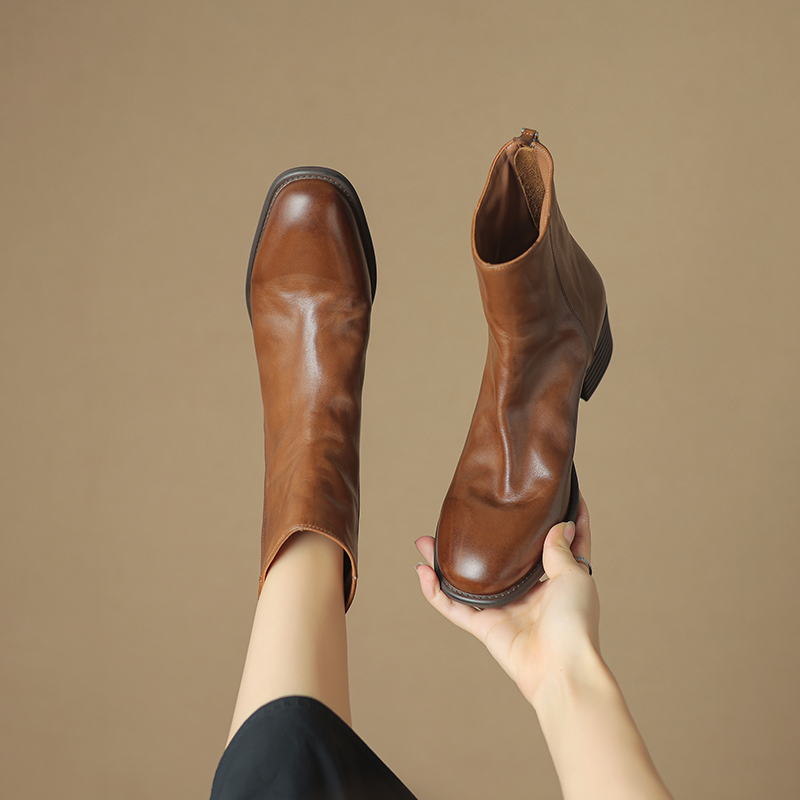 高端马皮靴【水洗工艺】4.0cm/棕色复古圆头真皮后拉链粗跟中跟短靴