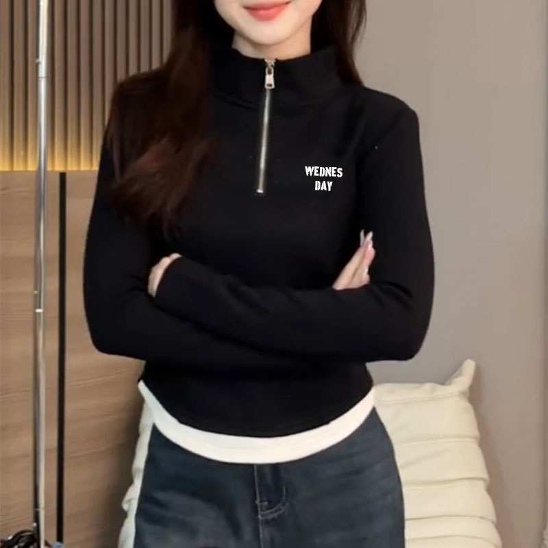 特大码200斤港风辣妹立领设计感假两件打底衫女显瘦减龄长袖T恤潮