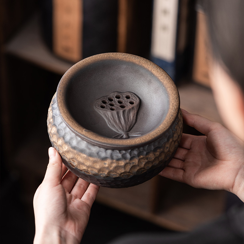 茶洗家用大号粗陶茶渣缸复古带盖水孟鎏金建水茶水缸废水桶茶杯洗