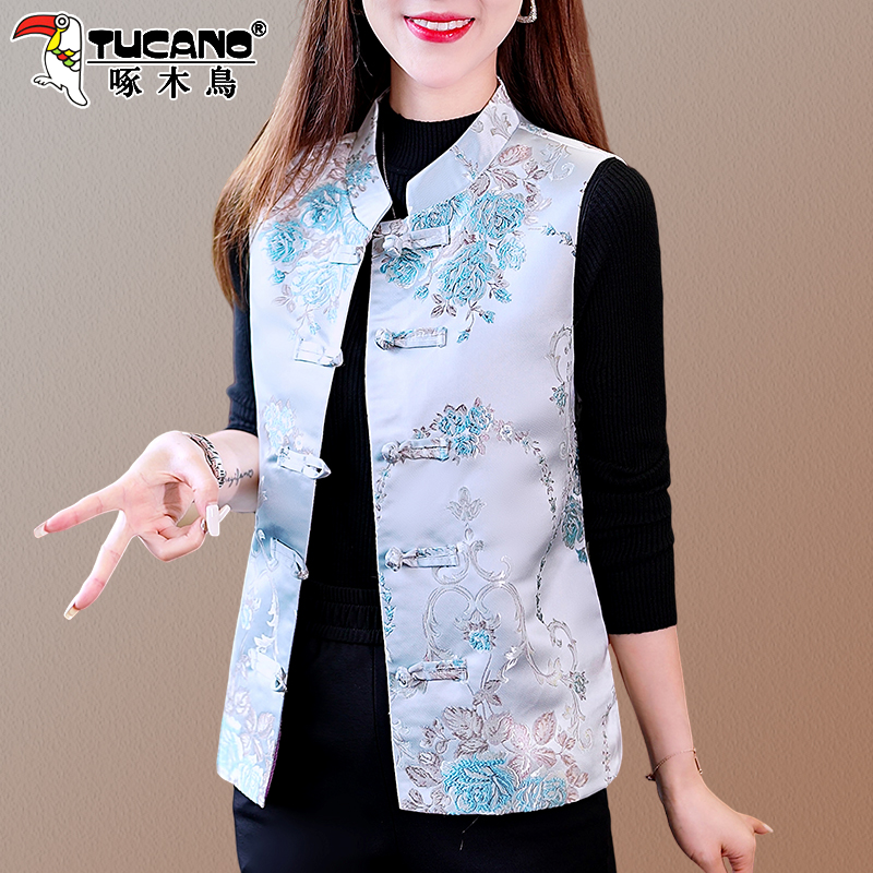 【官方】啄木鸟新中式国风马甲女新款春秋女士外穿短款坎肩马夹外套