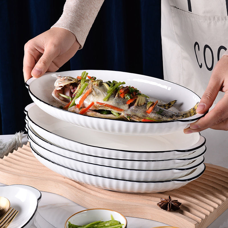 【12.5英寸双耳鱼盘】家用大号鱼盘子蒸鱼专用蒸鱼盘网红陶瓷鱼碟子