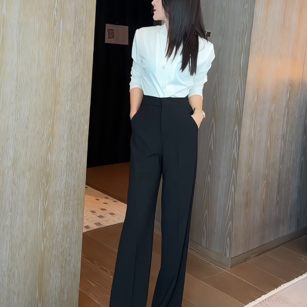 JIA SHI  高腰黑色直筒裤时尚百搭简约高级气质轻奢设计感-KZ040