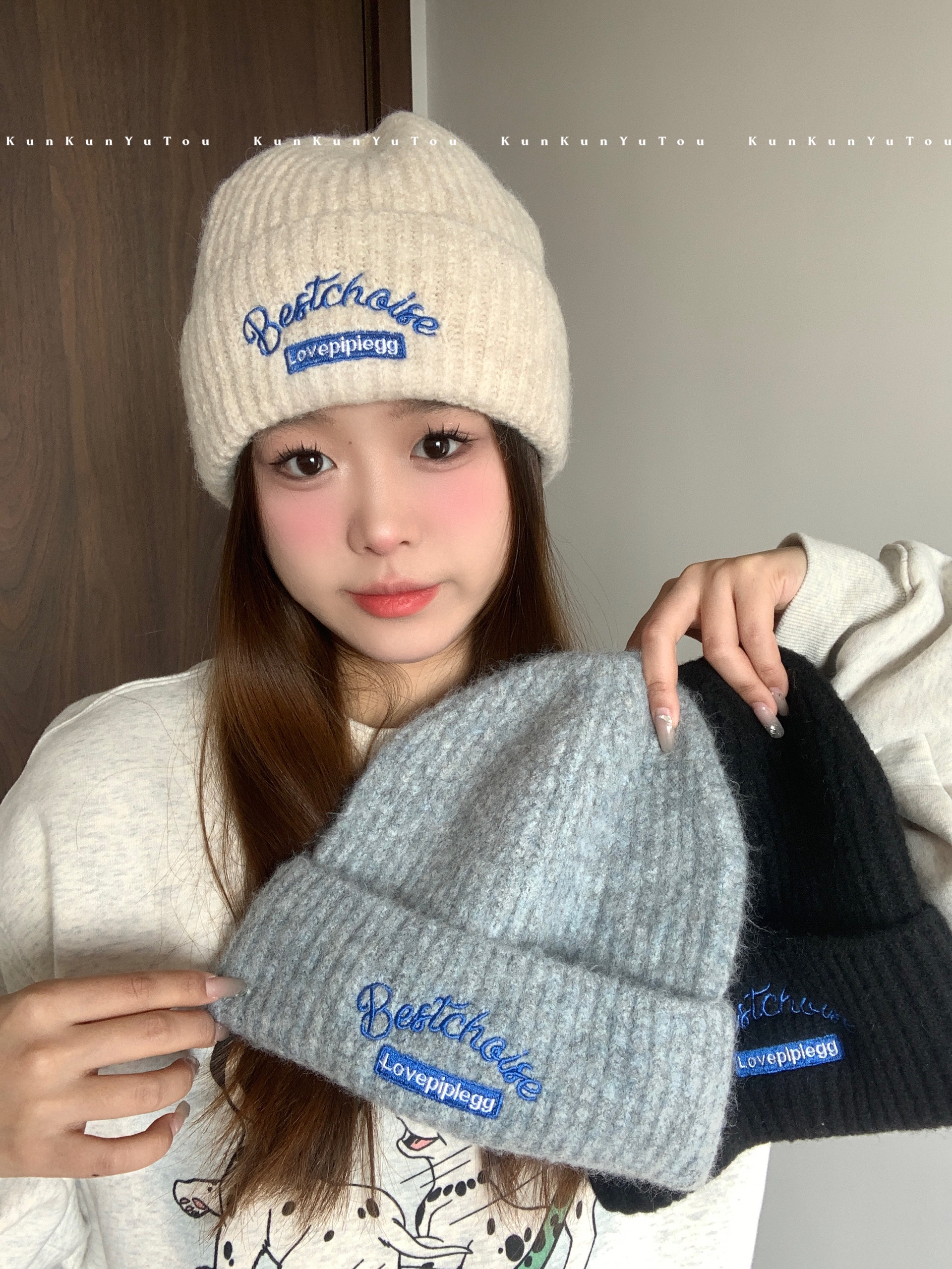 奶酷ins美式街头字母刺绣针织毛线帽秋冬保暖显脸小学生情侣冷帽