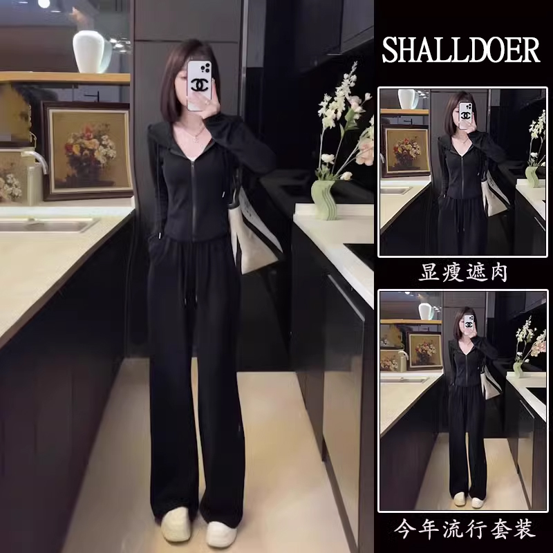 时尚休闲运动套装2025春秋新款连帽卫衣阔腿裤两件套女款气质服装