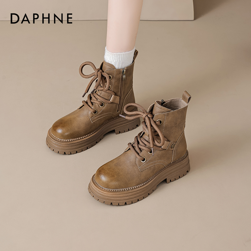 达芙妮马丁靴女款百搭单靴2025百搭增高复古棕色户外大黄靴短靴子