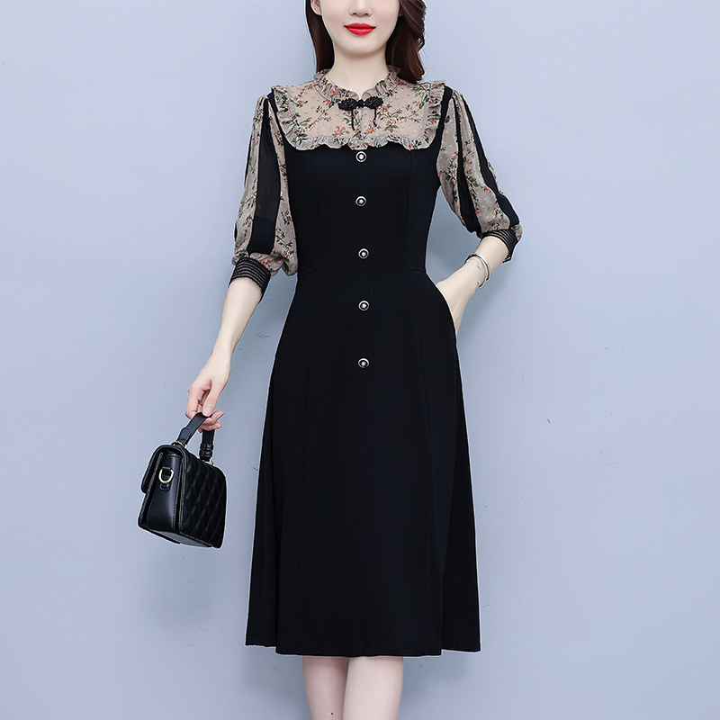 秋季新款高贵名媛灯笼袖拼接女装2024气质韩版显瘦百搭收腰连衣裙