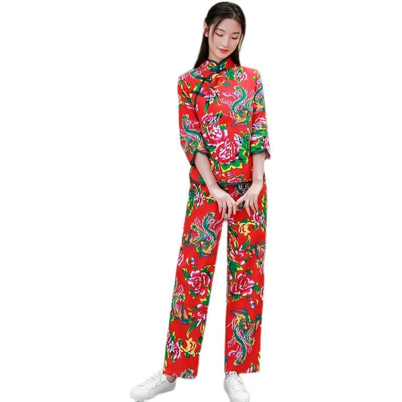 网红东北大花布村姑丫蛋二秧歌服直播搞笑复古民族广场扇子舞服装