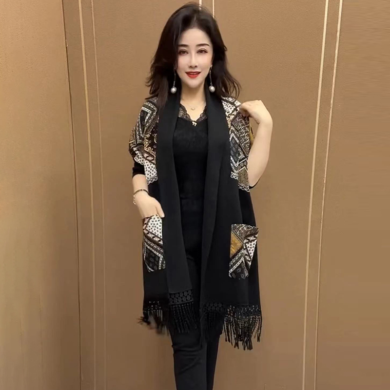 新款欧洲站时尚休闲披肩拼色外套女宽松流苏印花中长款大码开衫女