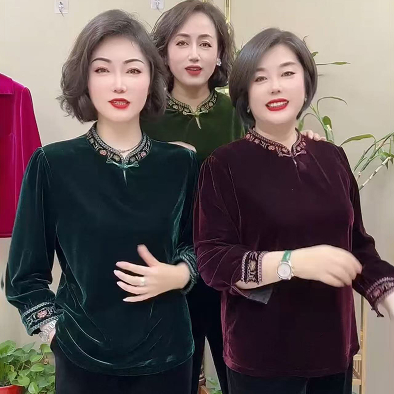休闲百搭刺绣真丝绒上衣春秋冬新款打底衫中老年妈妈时尚T恤衫女