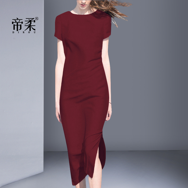 气质宴会中长裙2025夏季连衣裙修身包臀礼服裙开叉一步裙酒红色