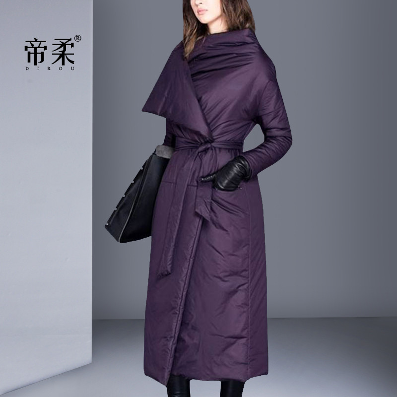 欧美时尚紫色保暖羽绒服女冬装修身收腰加厚外套大牌气质中长款