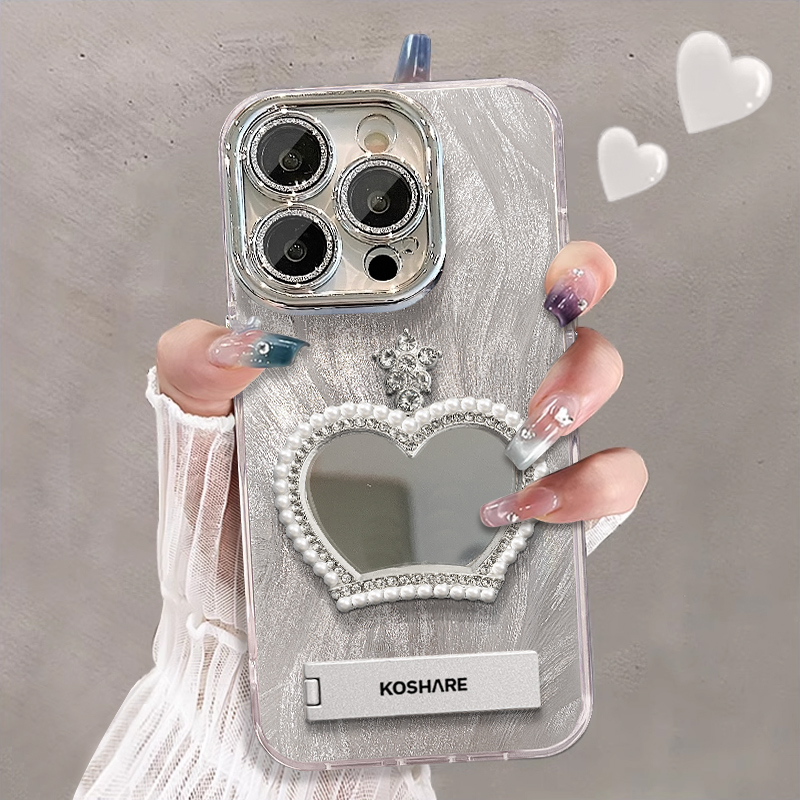 适用苹果16promax华为oppo小米vivo珍珠皇冠镜子精孔羽纱手机壳