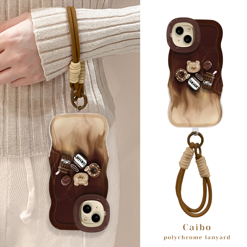 适用苹果16promax华为oppo女款vivo小米晕染咖啡公仔双支架手机壳