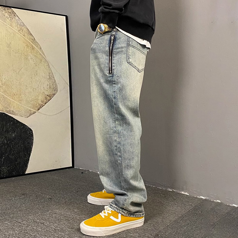 春秋特大码300斤复古拉链牛仔裤男宽松休闲阔腿裤男士裤子长裤潮