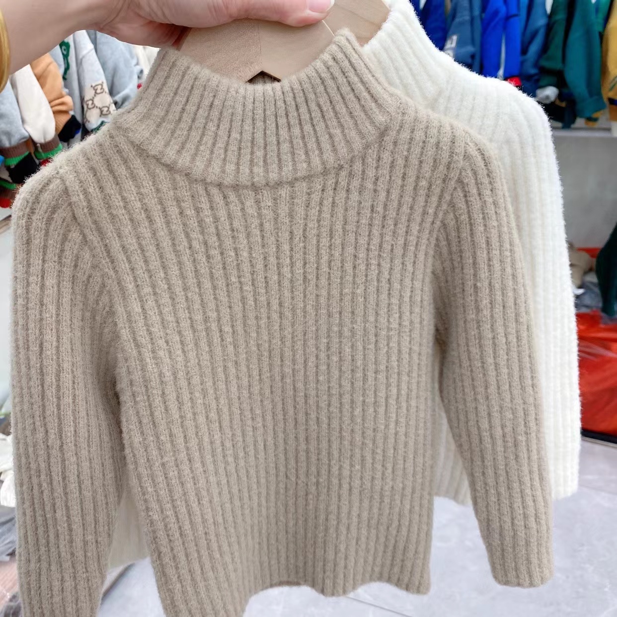 纯色冬款秋冬一体绒男女童美拉德加绒加厚半高领打底衫套头针织衫