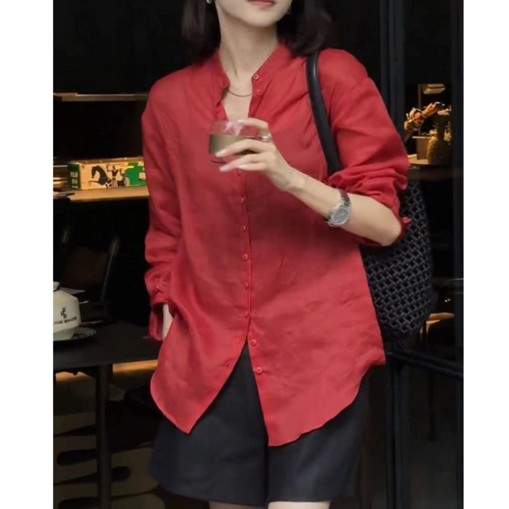 【月亮姐专属 】设计感红色立领长袖衬衫2025薄防晒红色中长款上衣