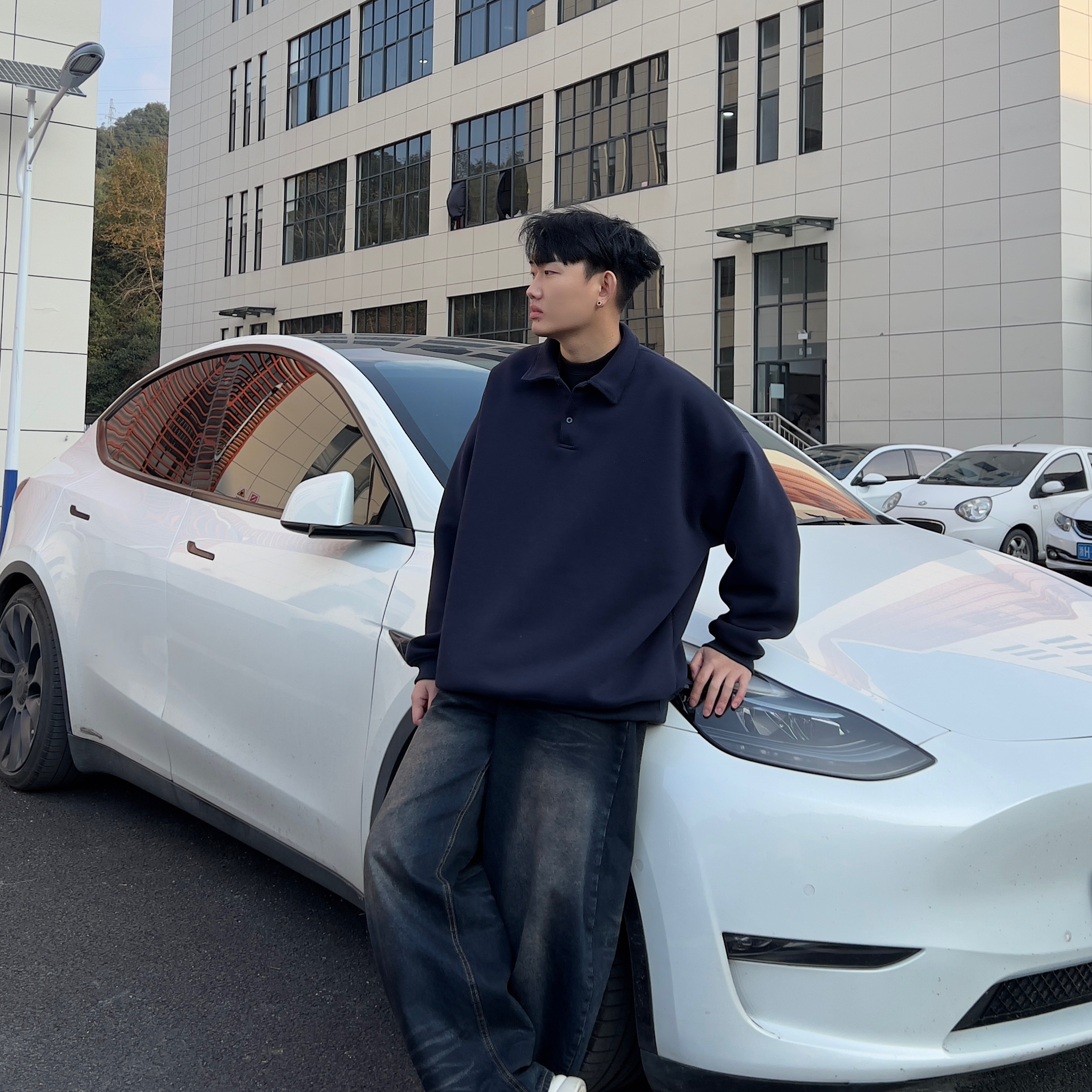 春秋新款重磅400g套头翻领POLO衫宽松百搭简约纯色翻领卫衣