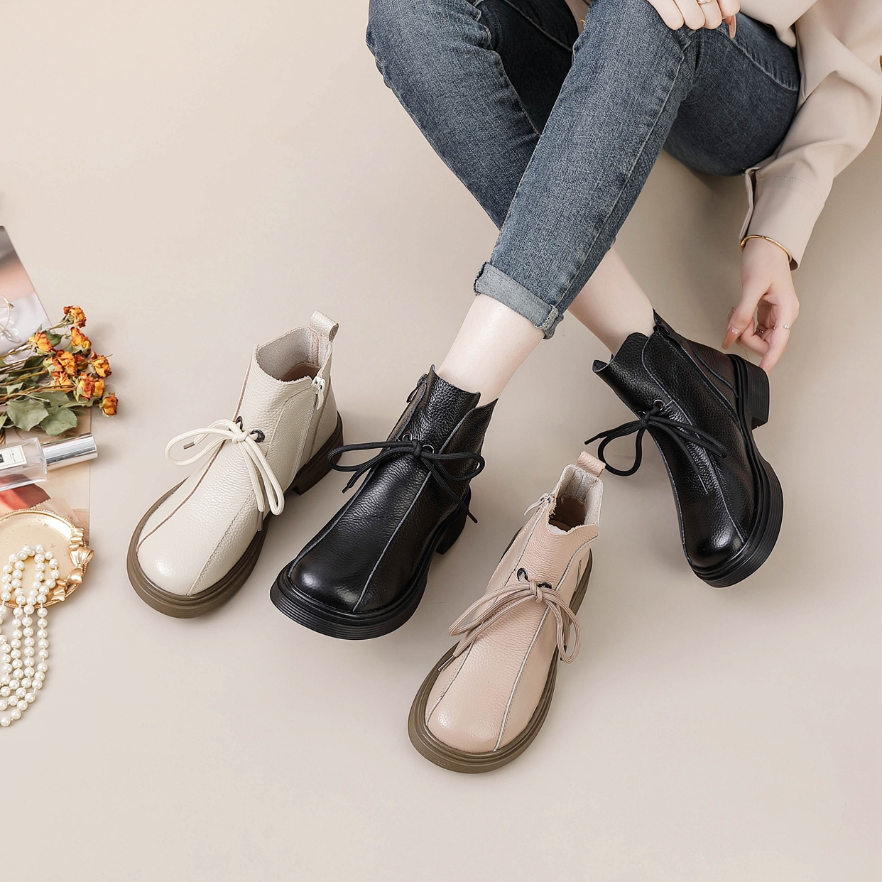 秋冬新款英伦风马丁靴头层牛皮圆头拉链时尚休闲软底厚底妈妈鞋