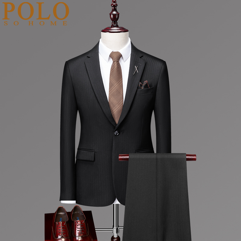 保罗高端人字纹西服套装男新郎结婚礼服两件套一粒扣韩版西装正装