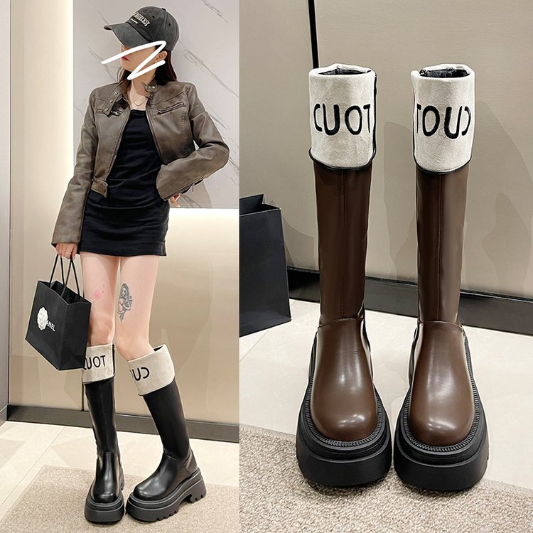 【新疆包邮】长靴女鞋新款厚底时尚英伦风皮面加绒长靴x-2023