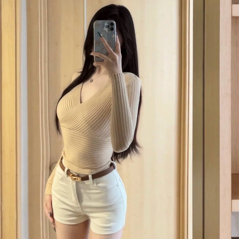 性感辣妹百搭V领螺纹交叉设计感长袖高腰显白针织衫上衣女